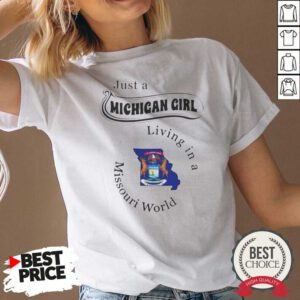Official Just A Michigan Girl Living In A Missouri World State Map v neck optimized on v neck optimized