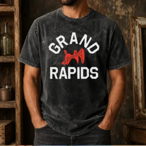 Funny Grand Rapids Michigan City Logo washed t shirt in soft faded fabric with city emblem on front