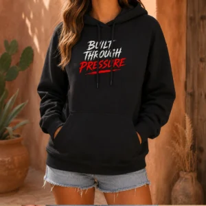 Hot Built Through Pressure Hoodie in black with front pocket and adjustable drawstring hood