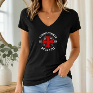 Hot Knights Templar Est 1119 Deus Vult Crusader V Neck Shirt in black with bold medieval design
