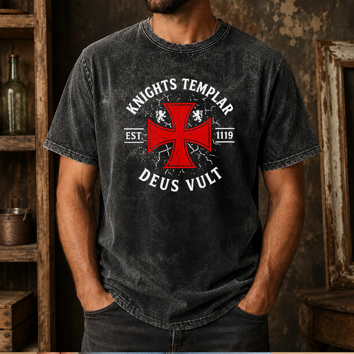 Hot Knights Templar Est 1119 Deus Vult Crusader Washed T-Shirt