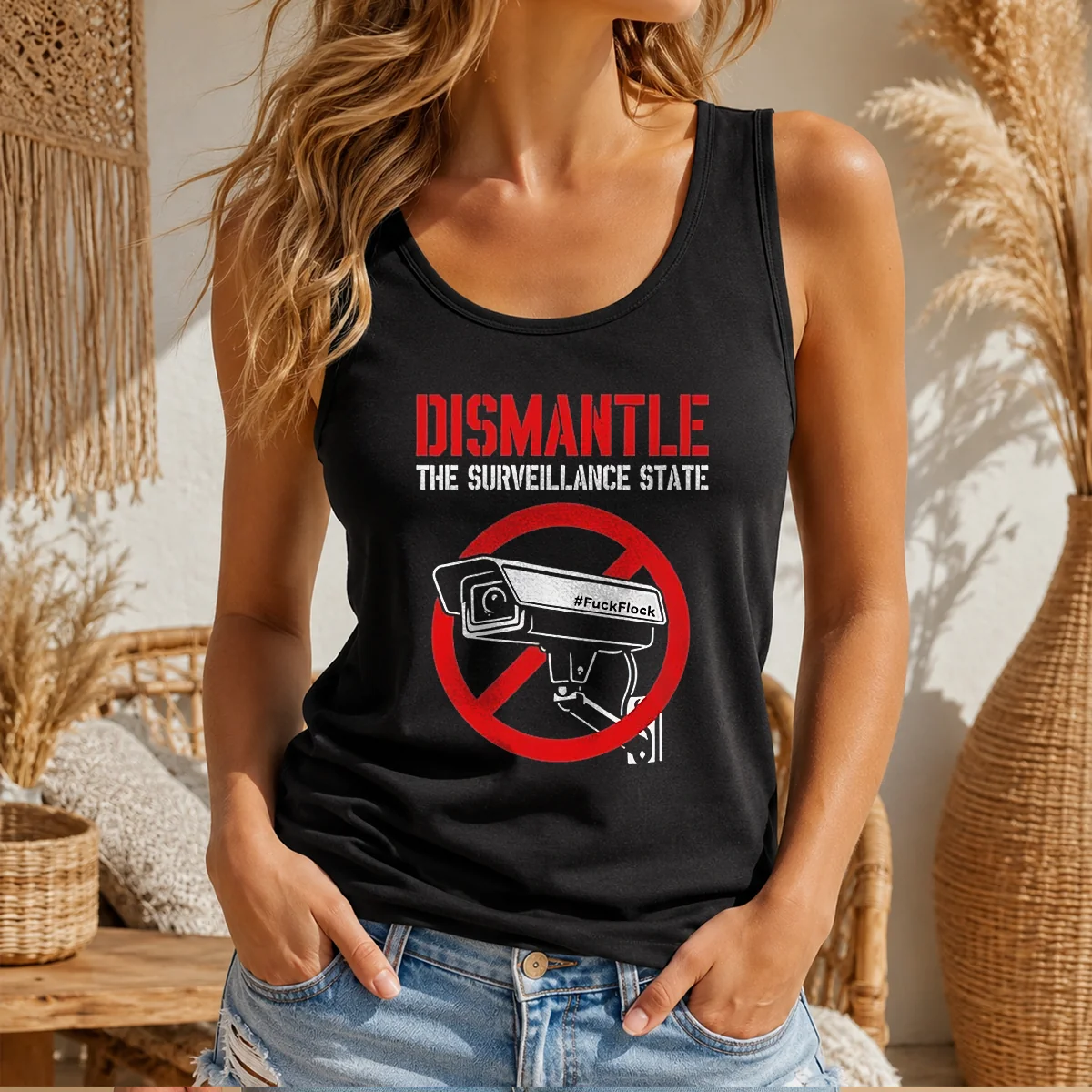 Official Dismantle The Surveillance State Tank Top in black, sleeveless casual wear with bold white text print