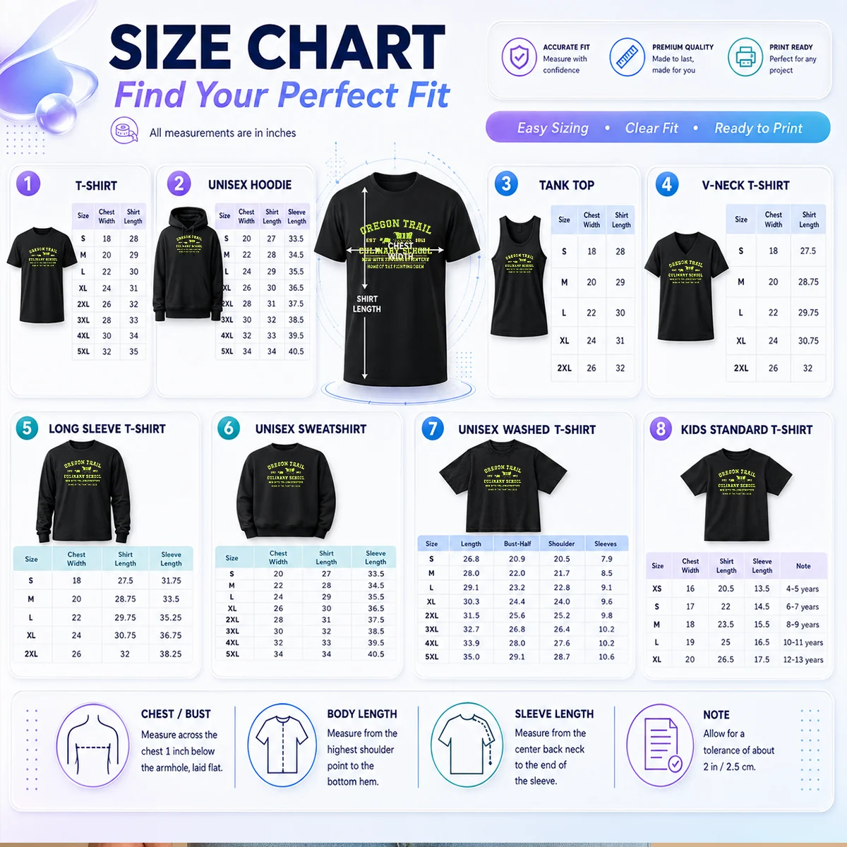 Official Oregon Trail Culinary School Size Chart Size chart for Official Oregon Trail Culinary School with measurements in inches and cm