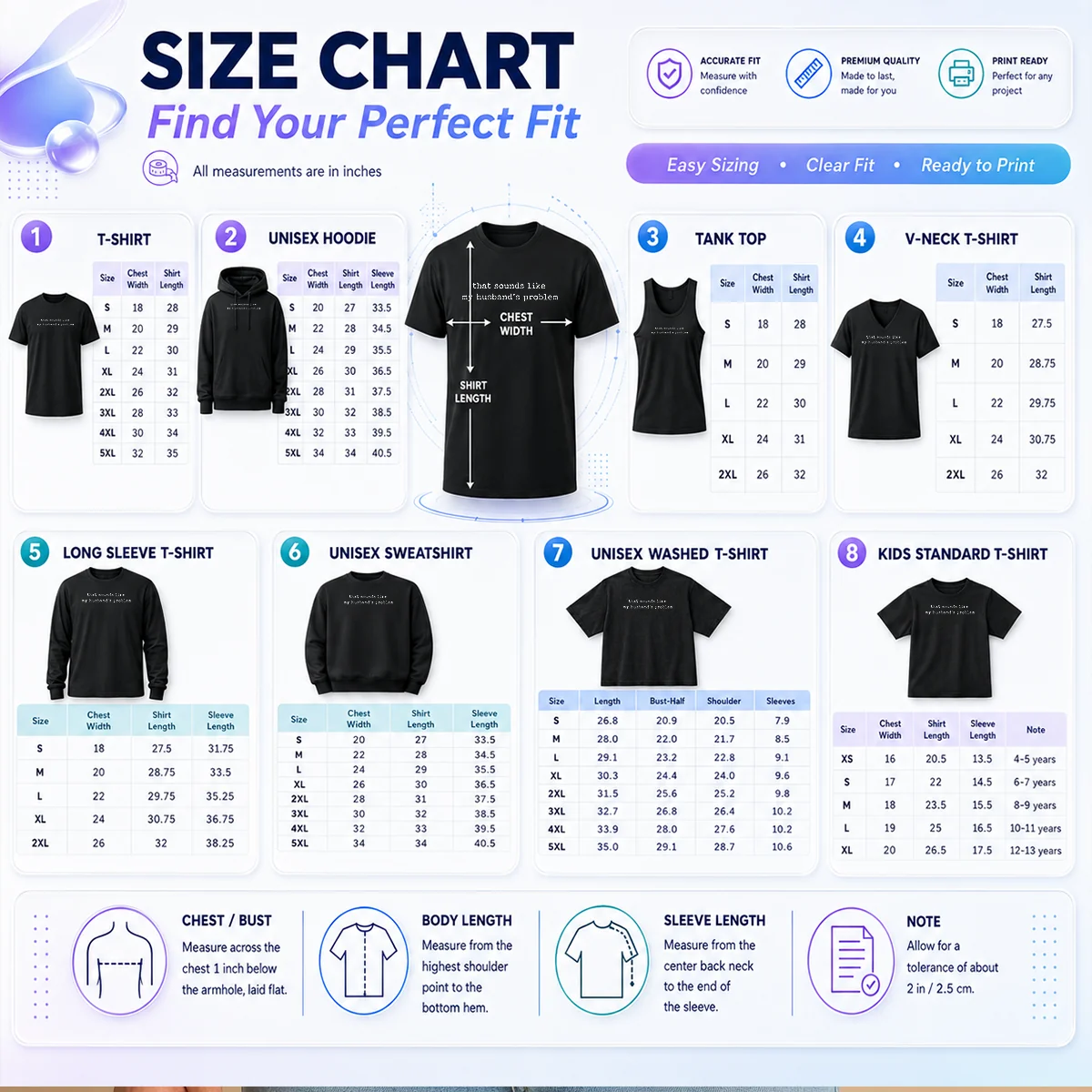 Original That Sounds Like My Husband'S Problem Size Chart Size chart for Original That Sounds Like My Husband'S Problem with measurements in inches and cm