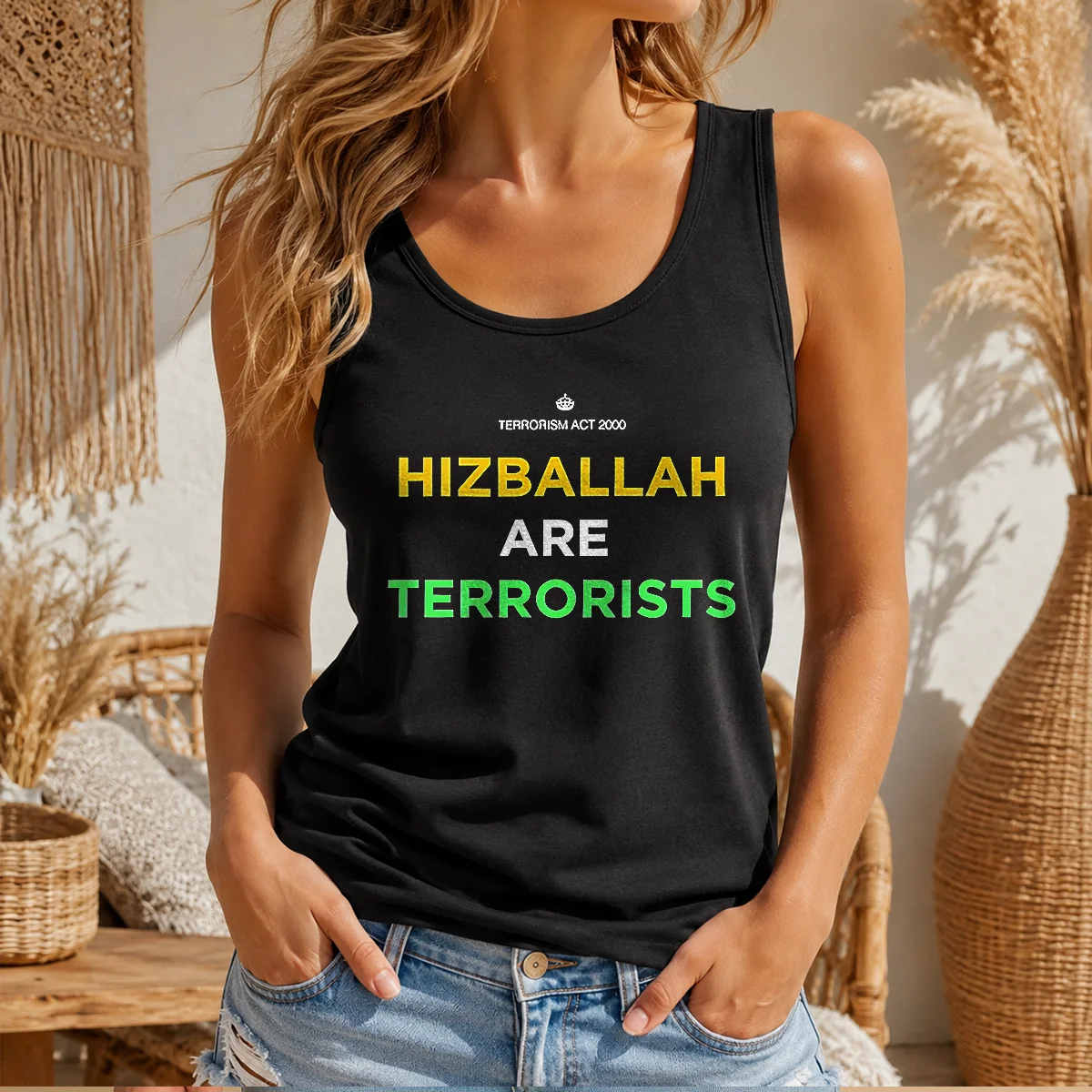 Premium Hizballah Are Terrorists Terrorism Act 2000 tank top featuring bold text design on a sleeveless garment