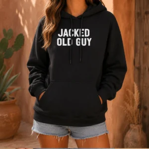 Premium Jacked Old Guy Hoodie in dark grey with front pocket and drawstring hood, displayed on a white background