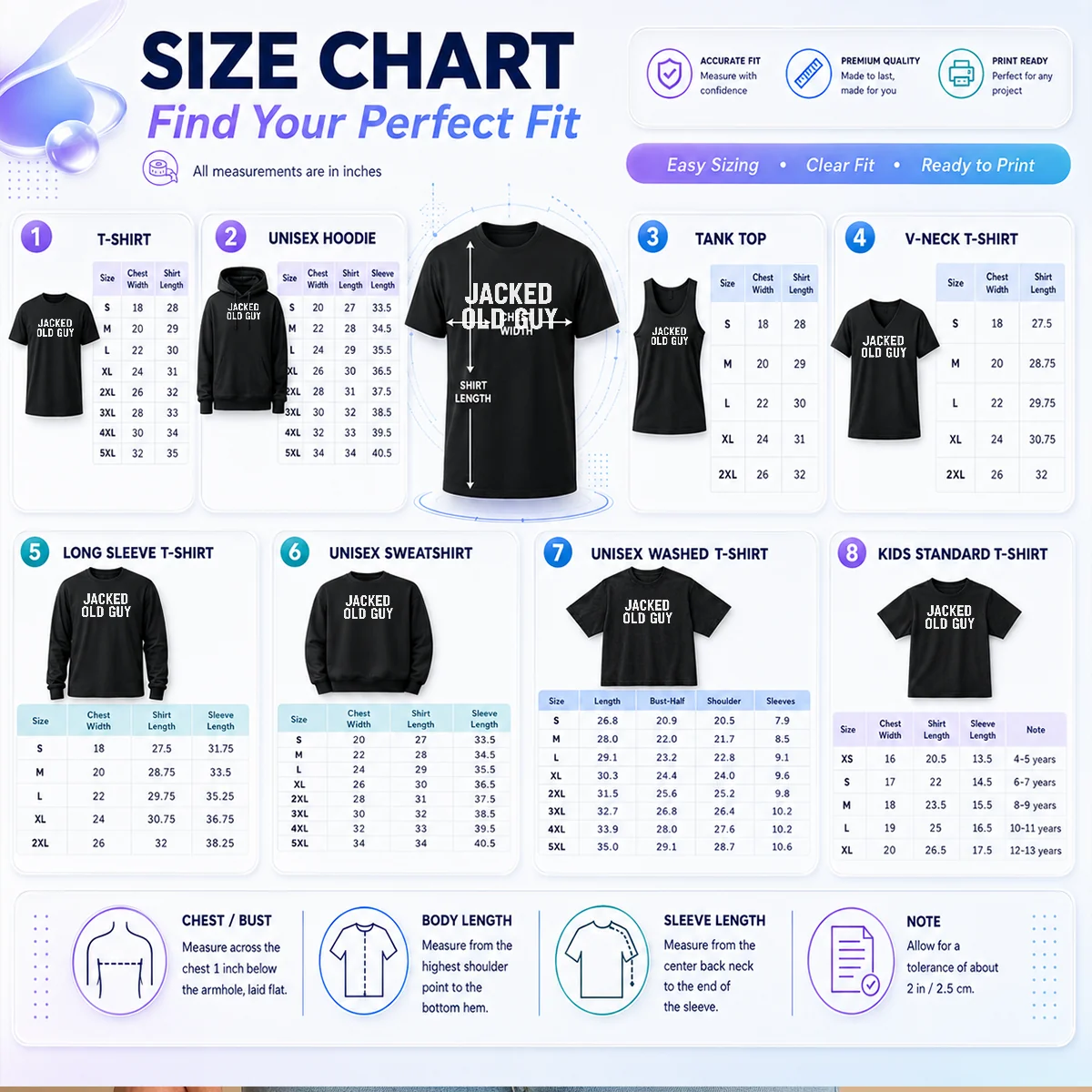 Premium Jacked Old Guy Size Chart Size chart for Premium Jacked Old Guy showing garment measurements in inches and centimeters