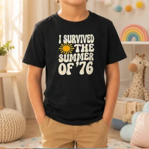 Pretty I Survived The Summer Of 1976 Retro Kids T Shirt in bright colors, displayed on a child-sized tee