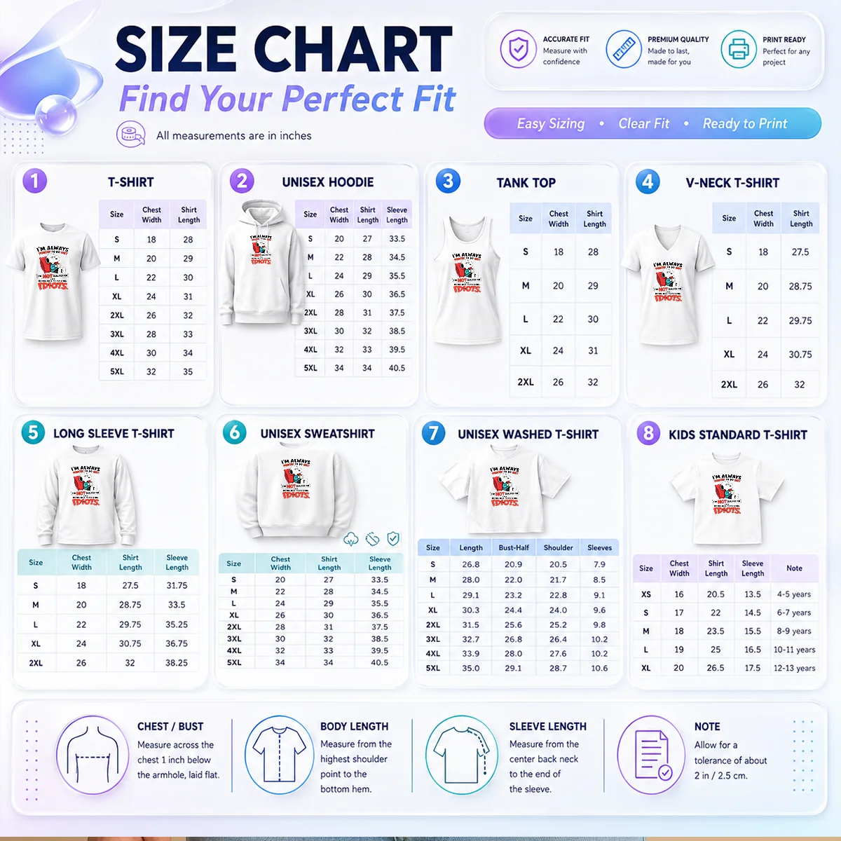 Pretty Im Always Forced To Do Shit Im Not Qualified For Like Being Nice To Fcking Idiots Size Chart Size chart for Pretty Im Always Forced To Do Shit Im Not Qualified For Like Being Nice To Fcking Idiots with measurements in inches and cm