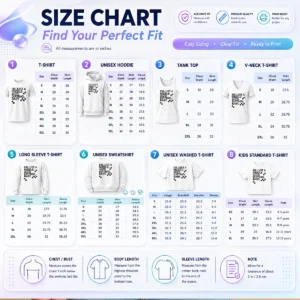 Size chart for Pretty Middle Aged Dirt Bag with measurements in inches and cm for accurate fit