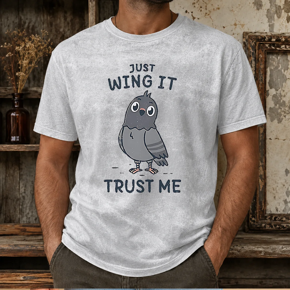 Funny Just Wing It Trust Me Cute Pigeon Bird Washed T-Shirt