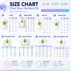 Size chart for Official Danger Acid Can Burn Your Penis Warning Sign with measurements in inches and cm to help choose the right fit