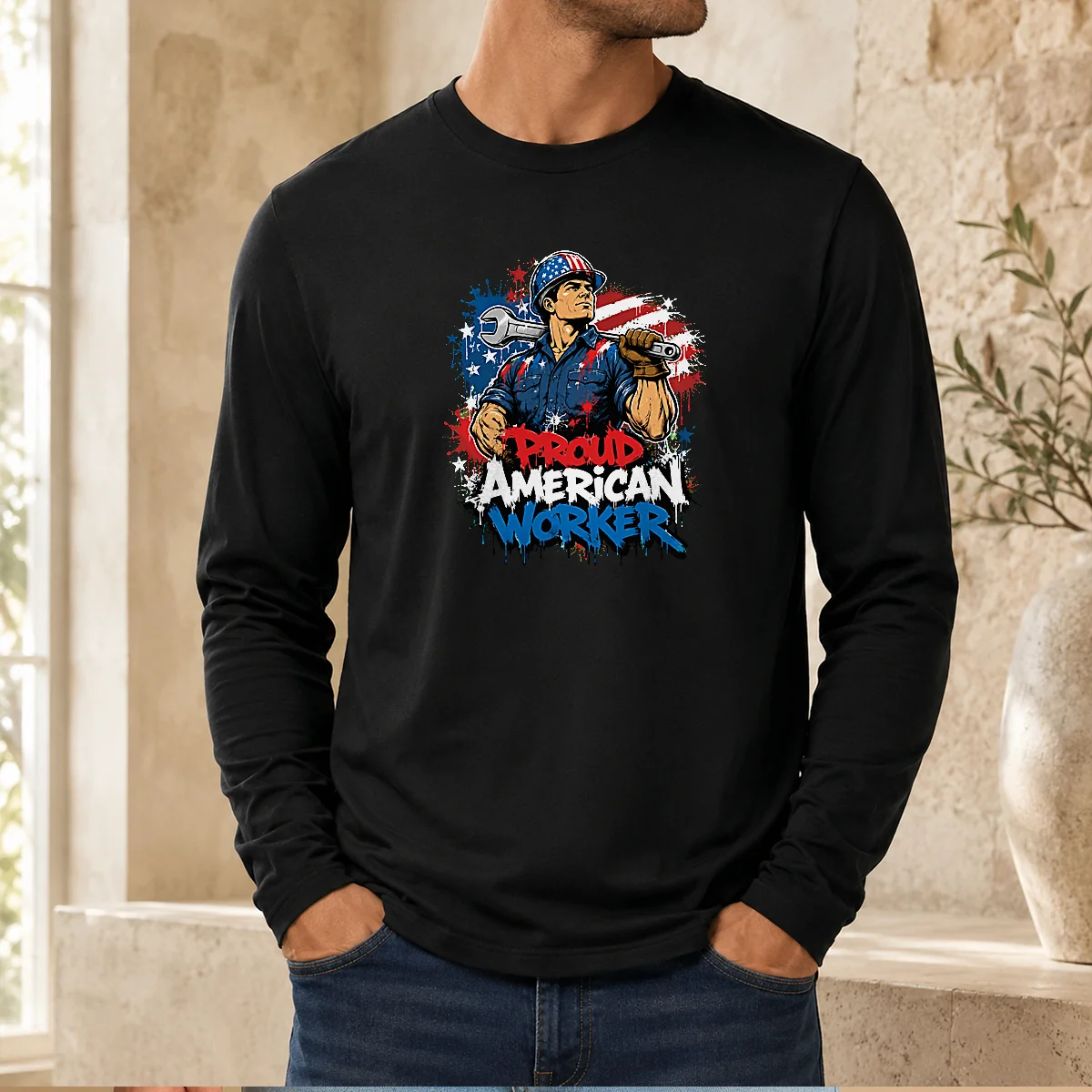 Official Good American Labour Day Proud Worker Graffiti Long Sleeve Shirt