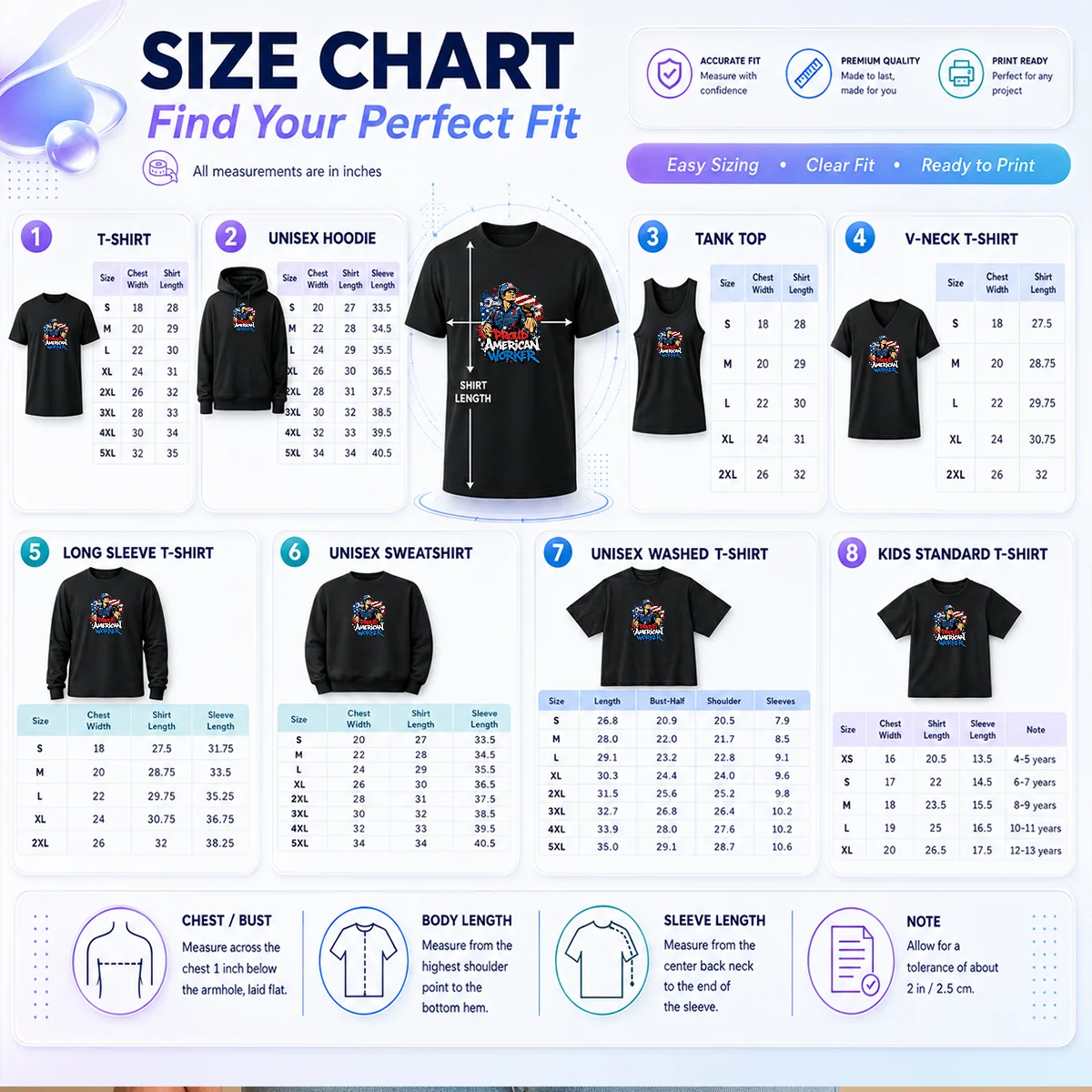 Official Good American Labour Day Proud Worker Graffiti Size Chart Size chart for Official Good American Labour Day Proud Worker Graffiti with measurements in inches and cm to help choose the right fit