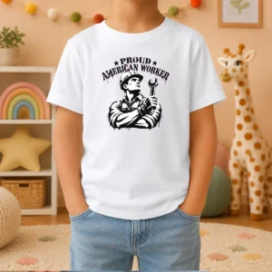 Official Pretty Labour Day Proud American Worker Stencil Kids T-Shirt