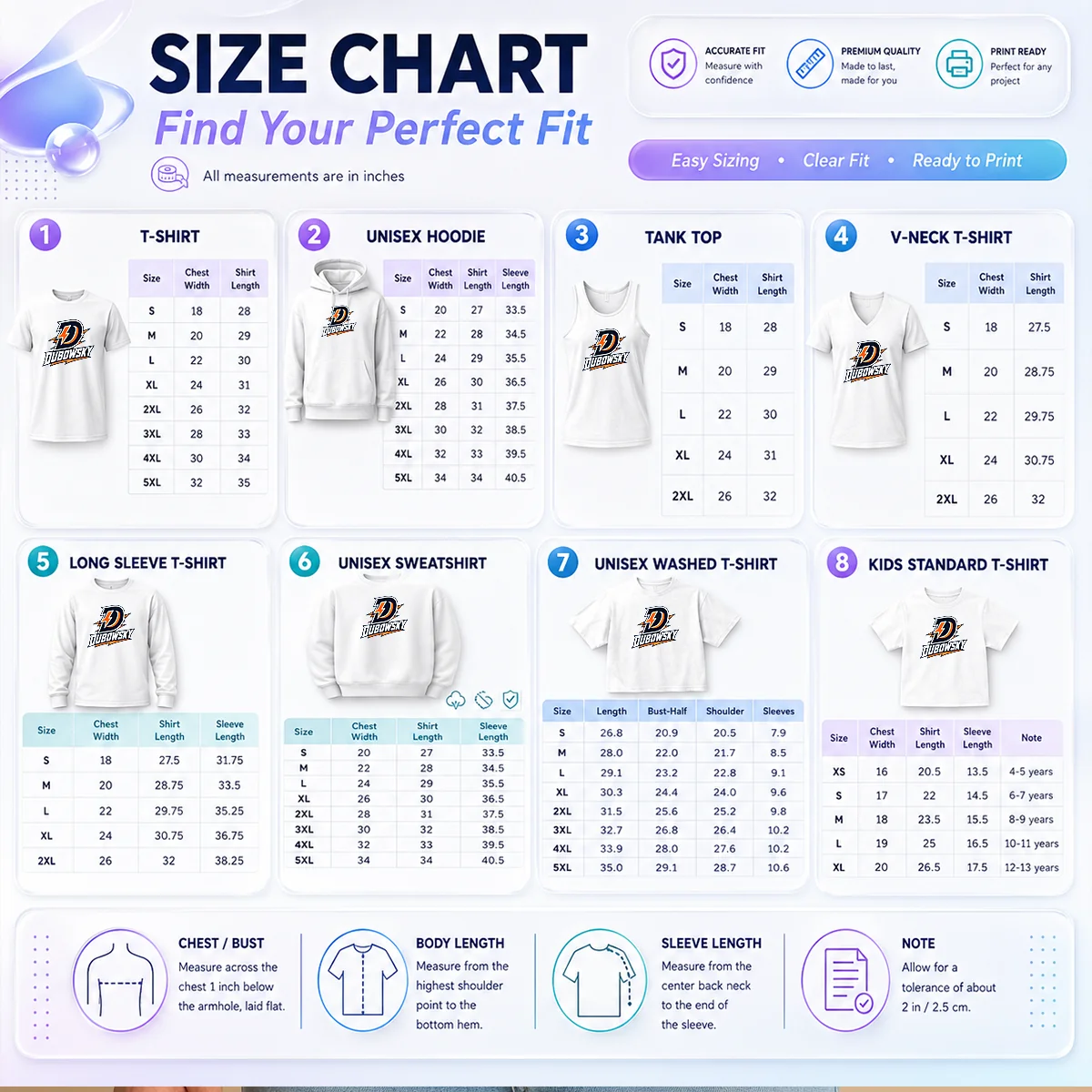 Original Dubowsky Lightning Bolt D Letter Esports Logo Size Chart Size chart for Original Dubowsky Lightning Bolt D Letter Esports Logo with measurements in inches and cm to help choose the right fit